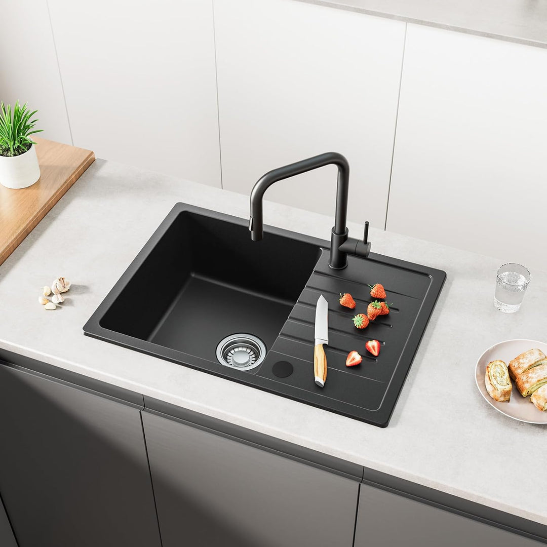 CECIPA Spülbecken Set 65x45 cm mit U-Form Wasserhahn Küche, Granit Küchenspüle Schwarz mit Abtropffl