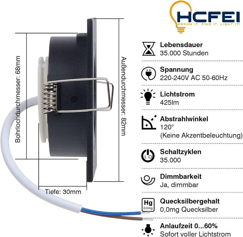 HCFEI LED Einbaustrahler ultra Flach | 425 Lumen | 230V 5W | Dimmbar | Gehäuse Eckig | Schwenkbar |