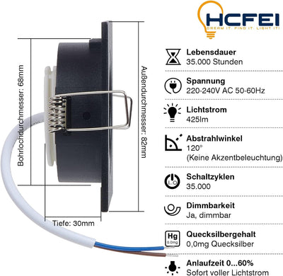 HCFEI LED Einbaustrahler ultra Flach | 425 Lumen | 230V 5W | Dimmbar | Gehäuse Eckig | Schwenkbar |