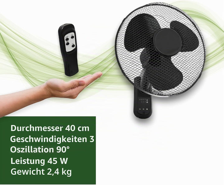 GROWMANIA Wandventilator, schwarz, mit Fernbedienung, 45 W, mit 3 Geschwindigkeitsstufen und Oszilla