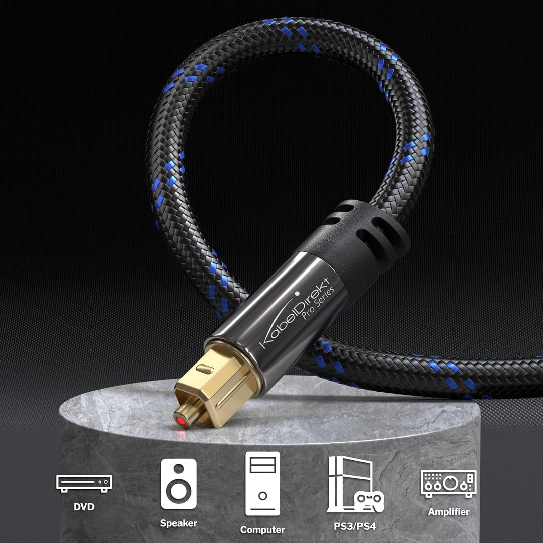 KabelDirekt – TOSLINK-Kabel Nylon-Braiding, optisches Audiokabel – 15 m – Glasfaserkabel für Soundba