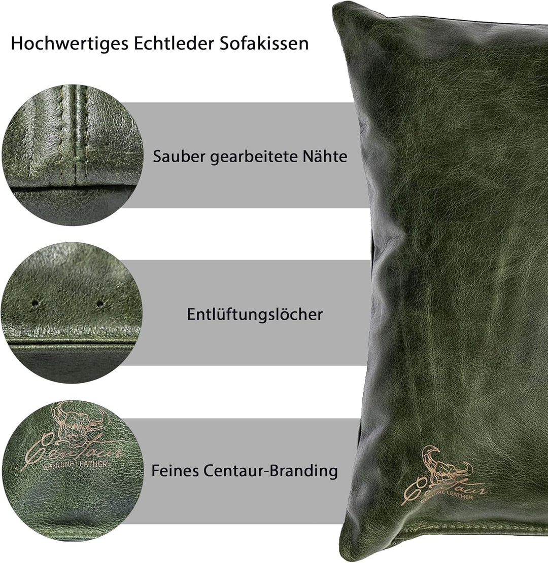Centaur - Deko Lederkissen 40 x 40 cm für Sofa oder Schlafzimmer smaragdgrün - Echt Leder Kissen Ech