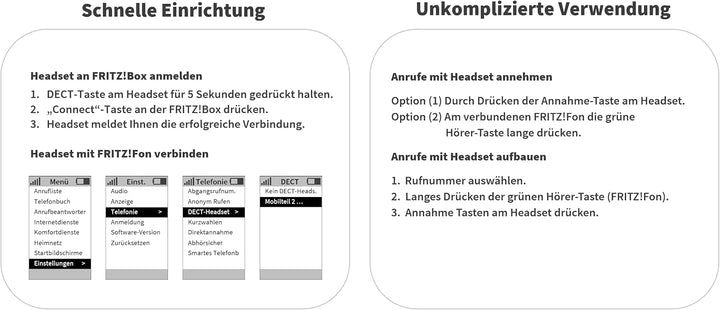 GEQUDIO GC-1 DECT Headset mit Ladestation für FritzBox - Kabellos Telefonieren am FritzFon – Duales