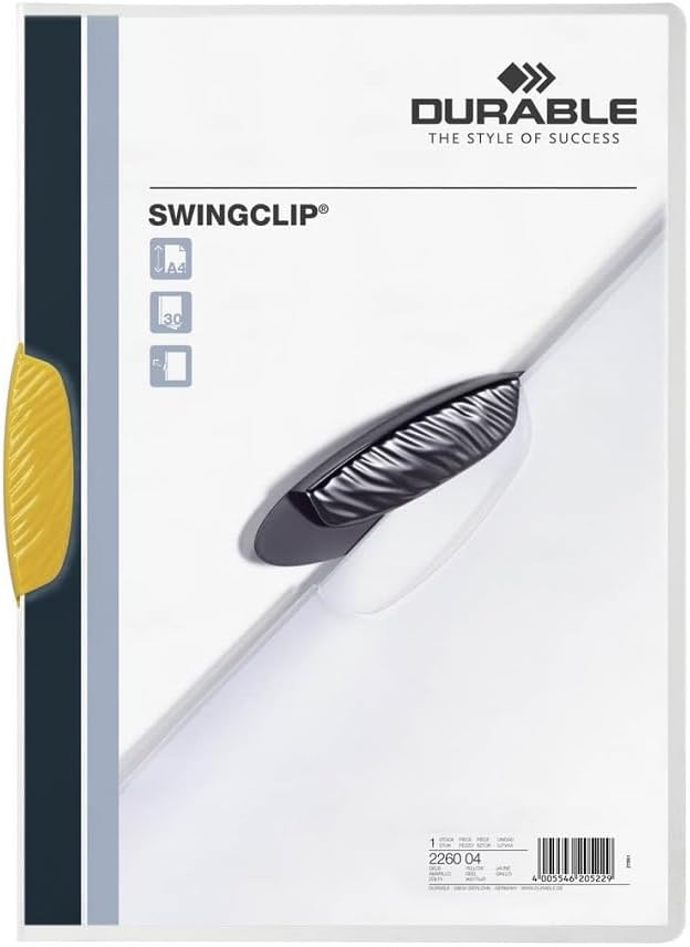 Durable Klemm-Mappe Swingclip aus PP, bis zu 30 Blatt A4, gelb, 25er Packung, 226004, gelb