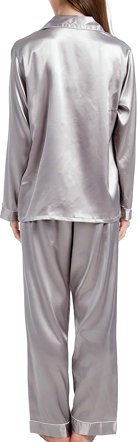 Damen Schlafanzug Pyjama Satin Lang Nachtwäsche Set Klassische Loungewear S Grau, S Grau