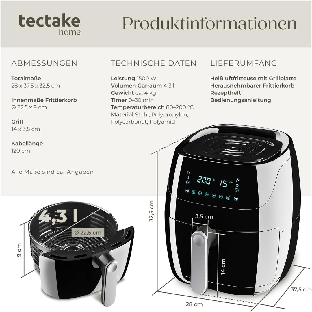 tectake® Heissluftfritteuse 4,3 L Fassungsvermögen, Touchscreen, Antihaft Frittierkorb, Airfryer mit