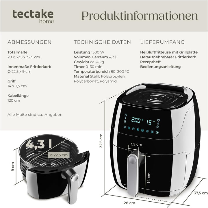 tectake® Heissluftfritteuse 4,3 L Fassungsvermögen, Touchscreen, Antihaft Frittierkorb, Airfryer mit