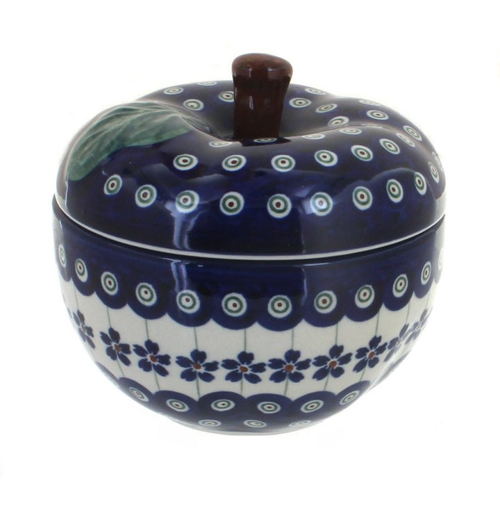 Blue Rose Polish Pottery Flowering Peacock Apple Baker