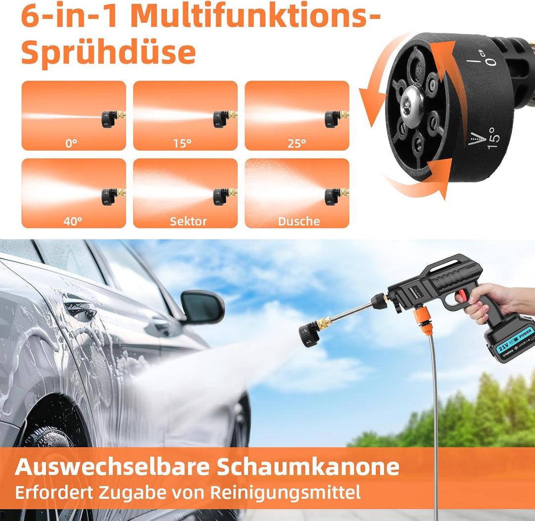 Akku Hochdruckreiniger, 21V, 100 bar, tragbarer Druck mit 2 x 3000 mah Lithium-Akku, 6-in-1-Düse, 5
