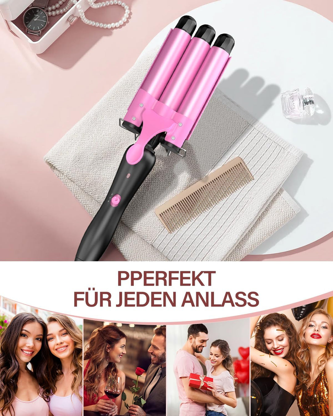 Lockenstab 3 Fässer Beach Waves Welleneisen für Haare, 25mm Kleine Locken Keramik Lockeneisen-Temper