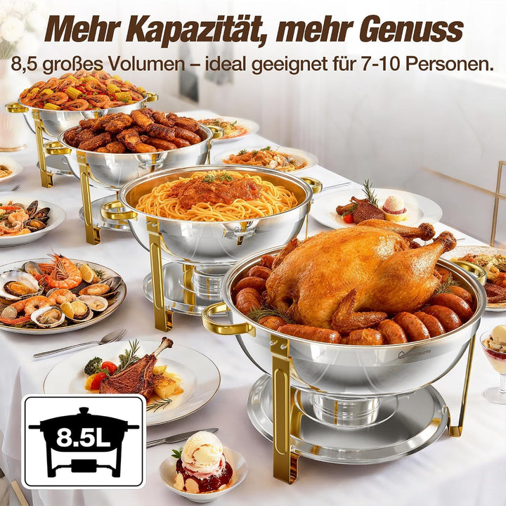 WARMOUNTS Chafing Dish 2er Set 7,5L Gold &amp; Silber, Speisenwärmer Buffet Rund Edelstahl mit Glasdecke