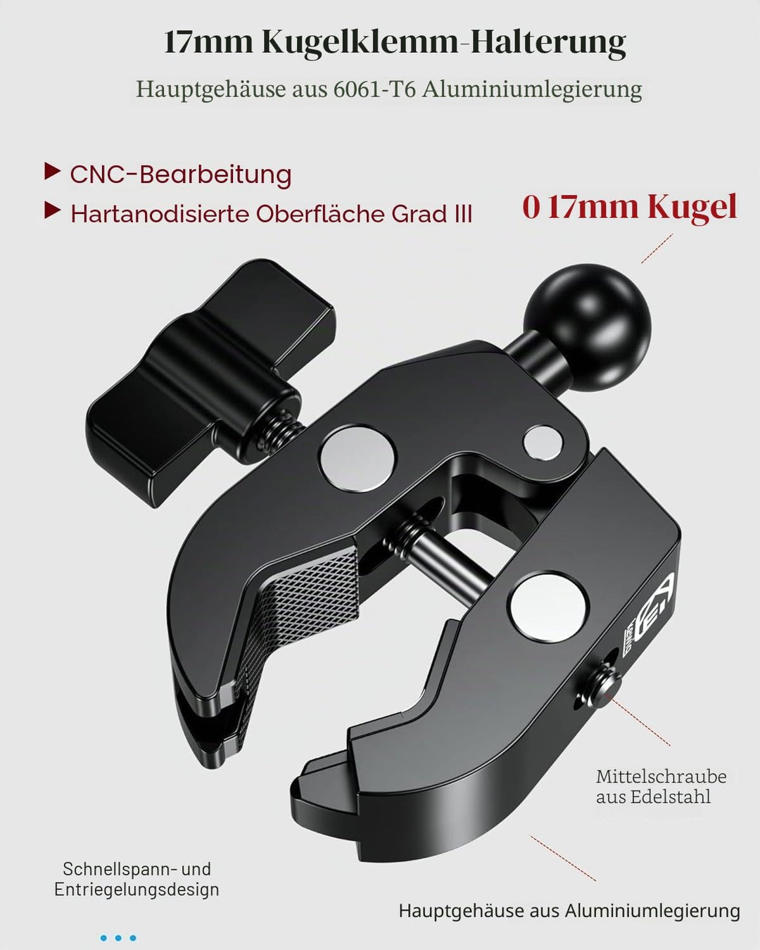 BRCOVAN Aluminiumlegierung Lenkerklemmbasis mit 17mm TPU Kugel für Schienen mit Einem Durchmesser vo