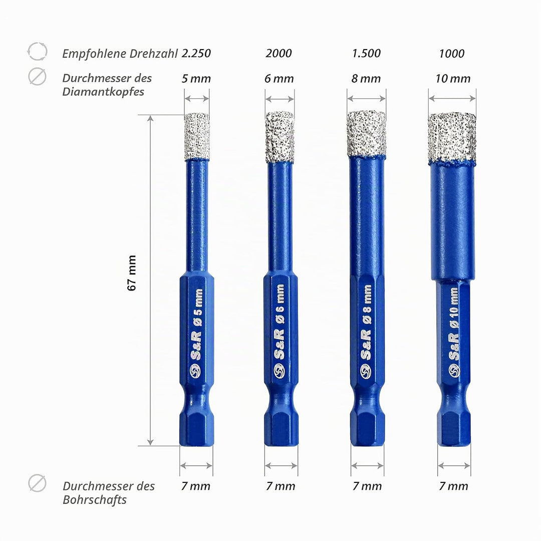 S&R Diamantbohrer, Fliesenbohrer, Glasbohrer Set 4-tlg. 5, 6, 8, 10 mm, Sechskant-Schaft, für Kerami