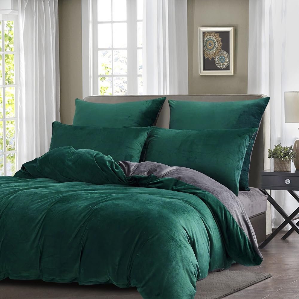 DXHOME Winter Plüsch Bettwäsche 200x220cm Grün Dunkelgrün Grau Fleece Flauschig Winterbettwäsche Mic