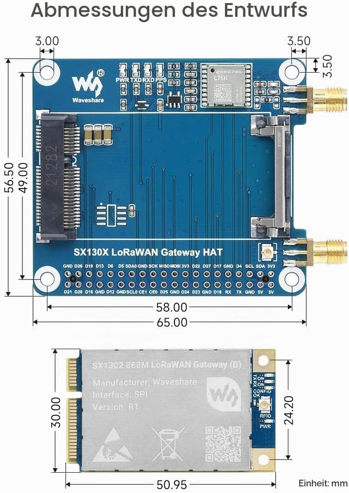 Waveshare SX1302 868M LoRaWAN Gateway HAT for Raspberry Pi L76K Module Standard Mini-PCIe SocketLong