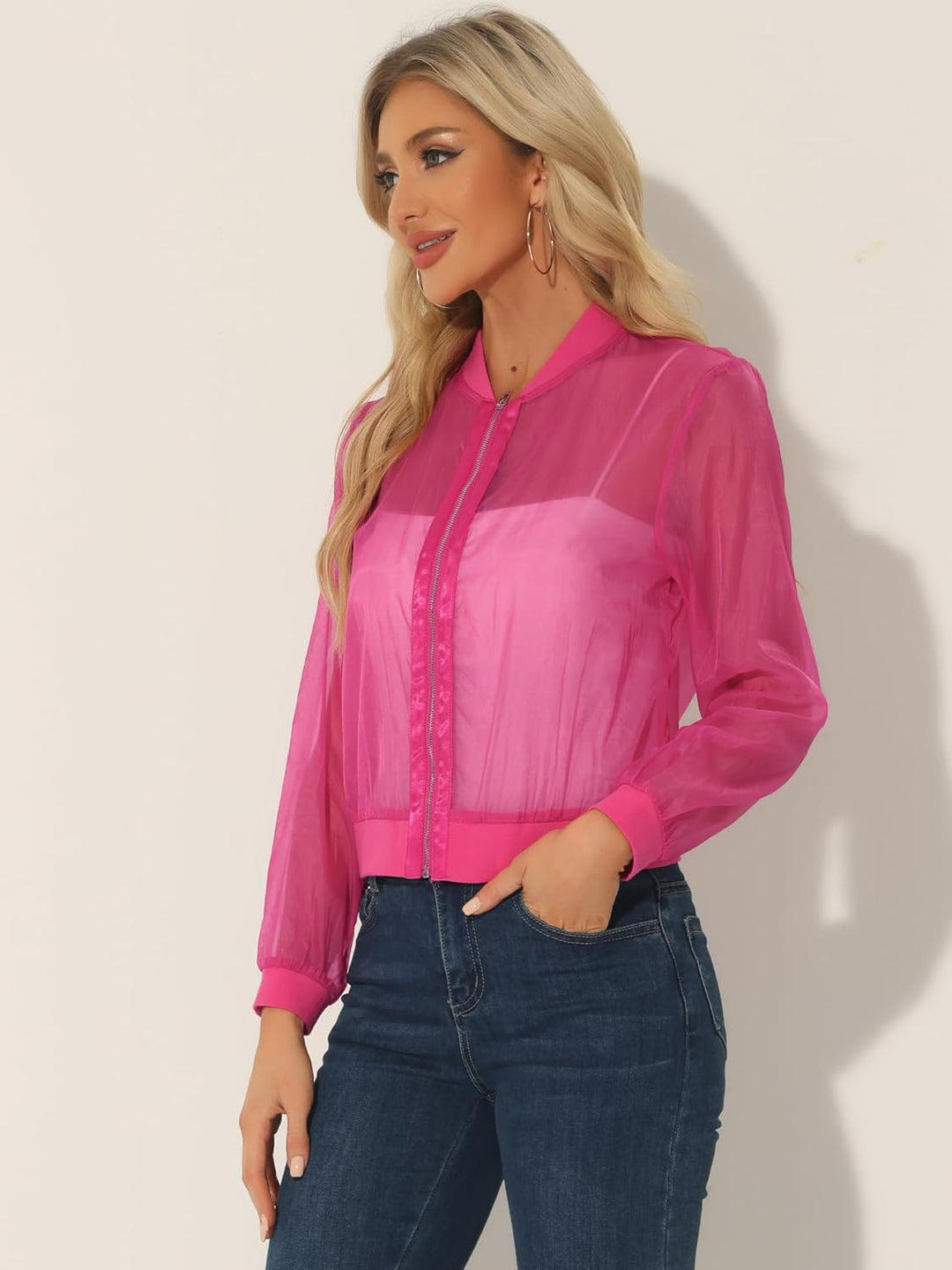 Allegra K Damen Sommer Jacke Langarm Reissverschluss Durchsichtige Transparente Leichte Bomberjacke