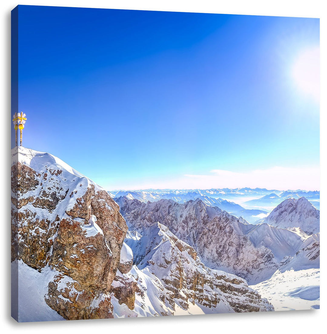 Zugspitze im Sonnenlicht, Format: 70x70 auf Leinwand, XXL riesige Bilder fertig gerahmt mit Keilrahm