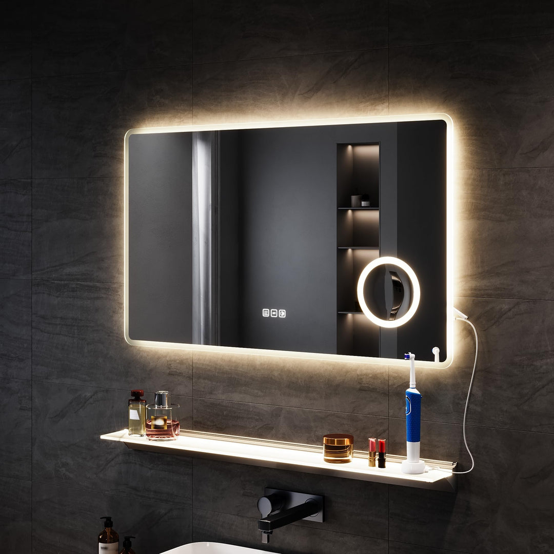 SONNI LED Badspiegel mit 3-fache Lupe 100x60 cm, Touch Badezimmerspiegel mit Steckdose, 3 Lichtfarbe