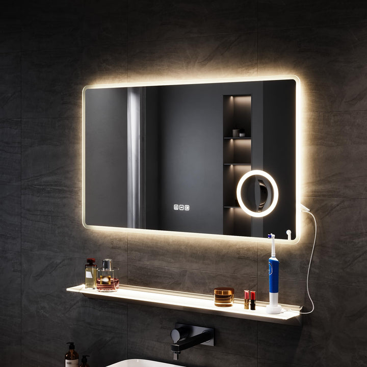 SONNI LED Badspiegel mit 3-fache Lupe 100x60 cm, Touch Badezimmerspiegel mit Steckdose, 3 Lichtfarbe