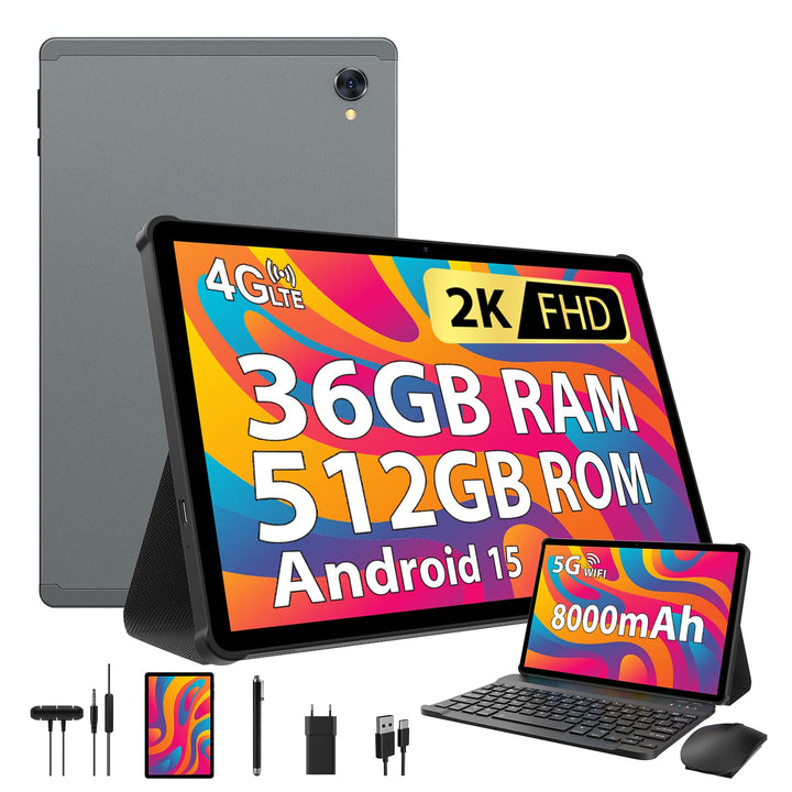 2K 10.6 Zoll Android 15 Tablet, 4G LTE+5G WiFi, 36GB RAM+512GB ROM (2TB TF), Octa-Core, 2000 * 1200F
