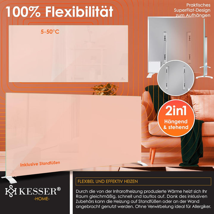 KESSER® Infrarotheizung 600W Glaskonvektor Glasheizung Energiesparend 2in1 Standgerät & Wandmontage