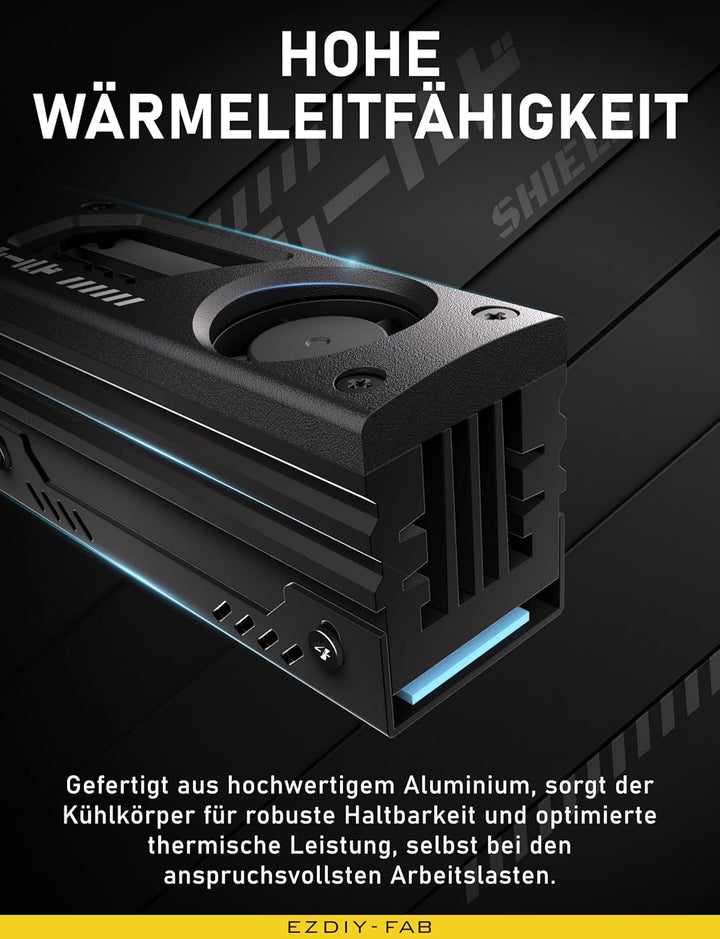 EZDIY-FAB Shield M.2 SSD-Kühlkörper mit eingebautem 20mm PWM-Lüfter, Premium-Aluminium-Design, Hochl