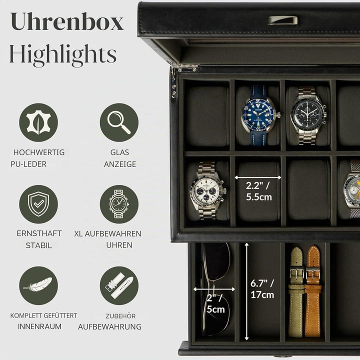 TAWBURY Uhrenbox für Herren – Uhrengehäuse mit 8 Schlitzen und Aufbewahrungsschublade, Echtglas-Disp