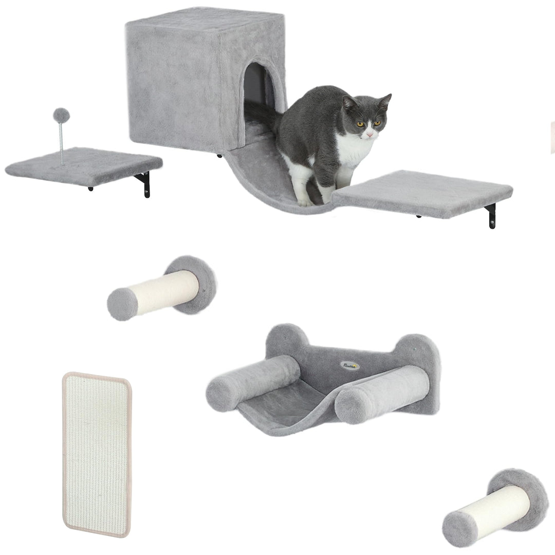 PawHut Kletterwand Katzen, 6-teilig Katzenkletterwand Set, Katzen Wandelemente mit Katzenhaus, Hänge