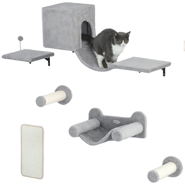 PawHut Kletterwand Katzen, 6-teilig Katzenkletterwand Set, Katzen Wandelemente mit Katzenhaus, Hänge