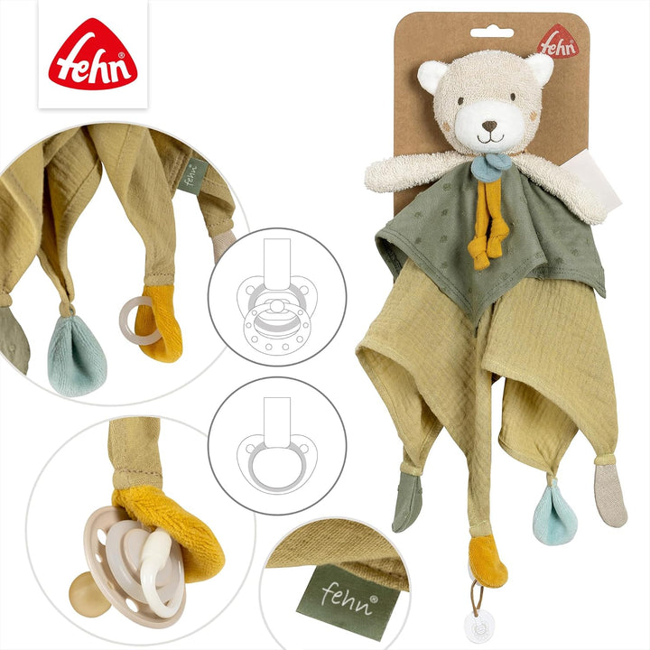 Fehn Schmusetuch Bär fehnNATUR - Spielkamerad & Stofftier-Schnuffeltuch mit Baumwolle aus kontrollie
