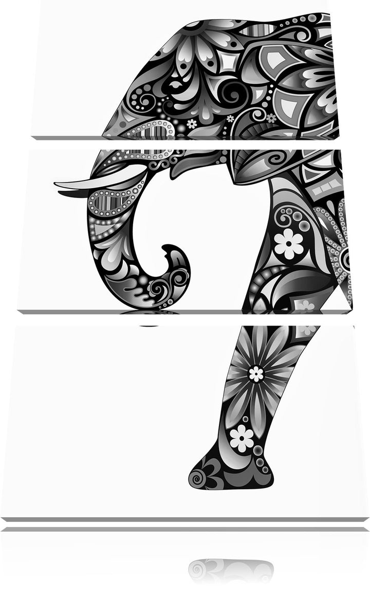 Pixxprint Monocrome, Elefant mit Ornamenten 3-Teiler Leinwandbild 120x80 Bild auf Leinwand