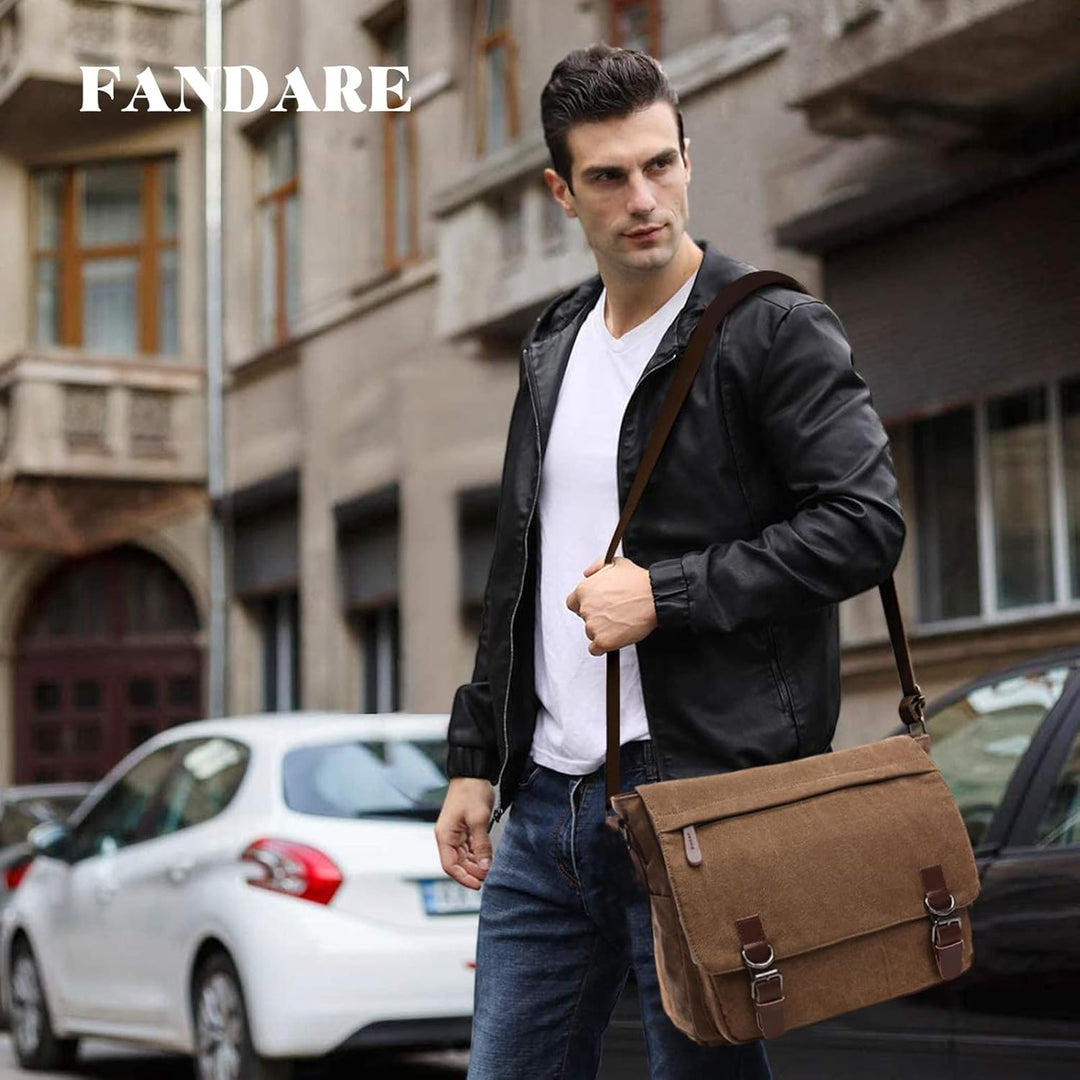 FANDARE Retro Umhängetasche Herren Segeltuch Arbeitstasche Messenger Bag Schultertasche passen 12,9-