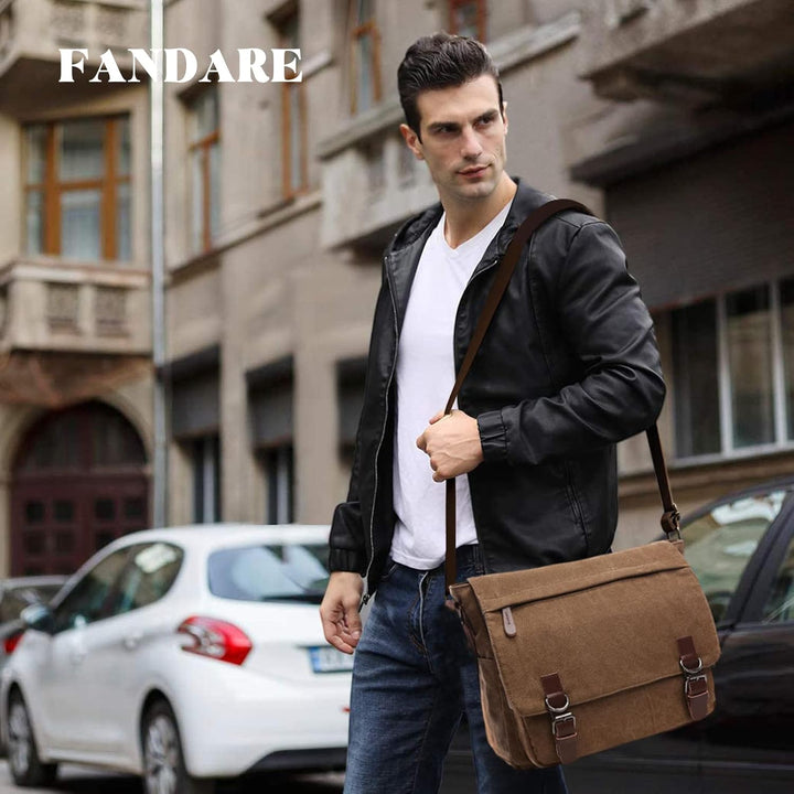 FANDARE Retro Umhängetasche Herren Segeltuch Arbeitstasche Messenger Bag Schultertasche passen 12,9-