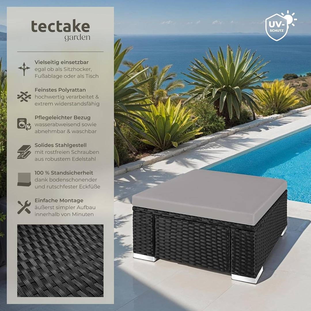 tectake® witterungsbeständiger Outdoor Rattan Hocker mit abnehmbarem Kissen, Lounge Hocker, Balkon M