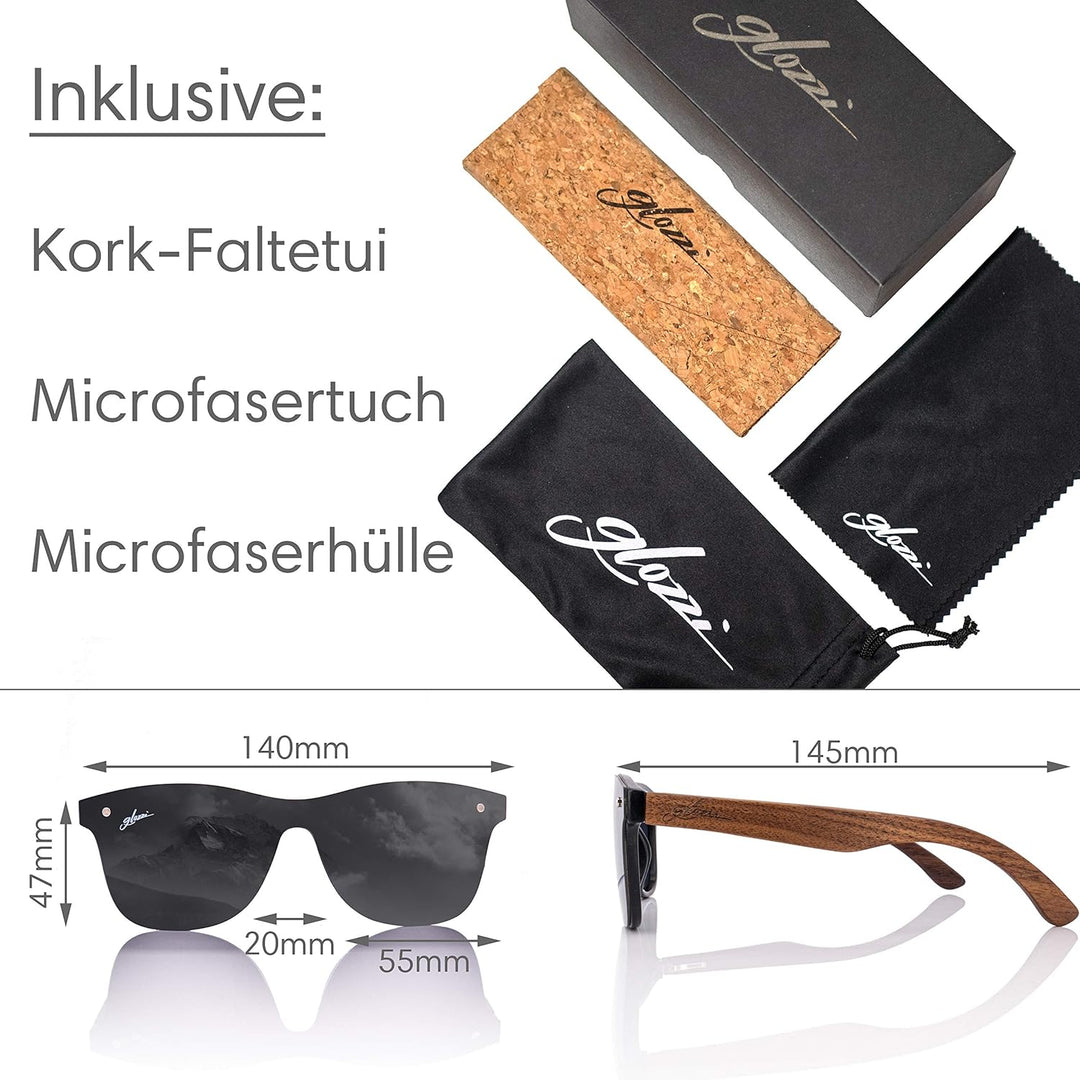 glozzi Sonnenbrille Herren und Damen Holz Polarisiert UV400 mit Holzbügeln und Brillenetui aus Kork