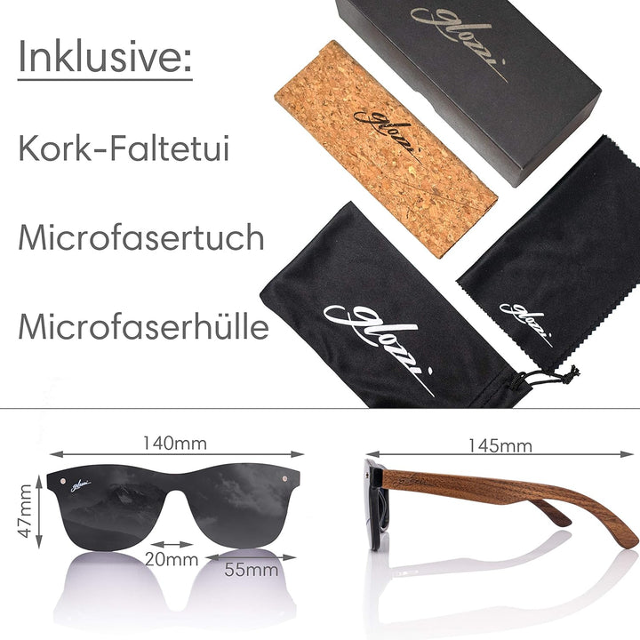 glozzi Sonnenbrille Herren und Damen Holz Polarisiert UV400 mit Holzbügeln und Brillenetui aus Kork