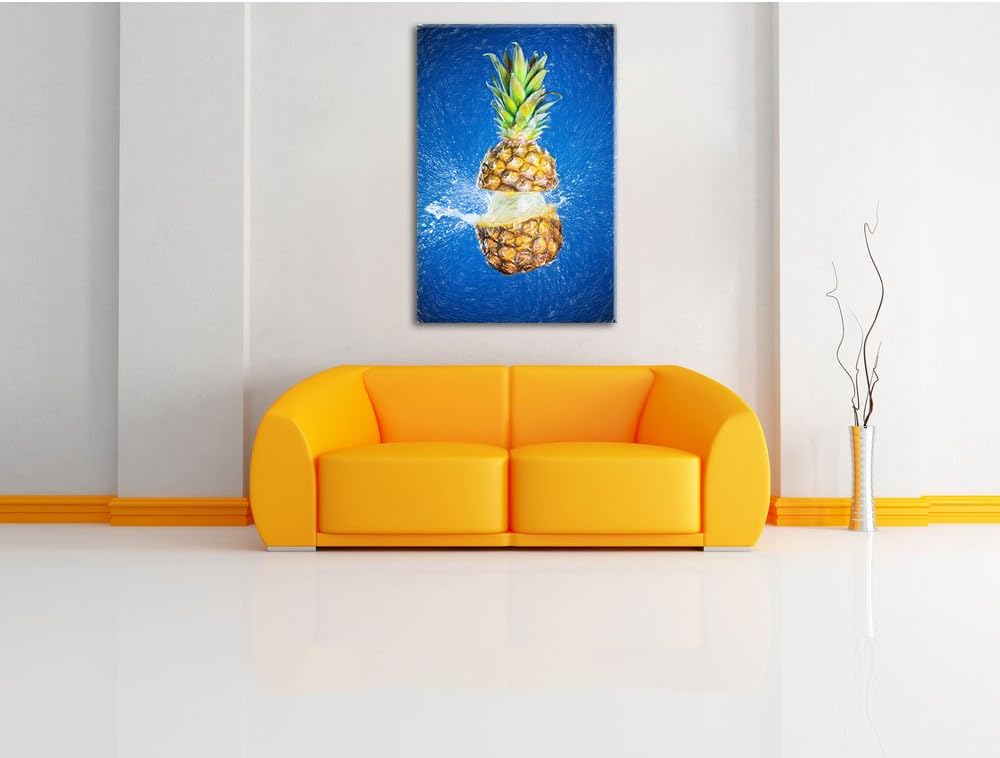 Pixxprint Ananas mit Wasser bespritzt Kunst Buntstift Effekt, Format: 100x70 auf Leinwand, 100x70