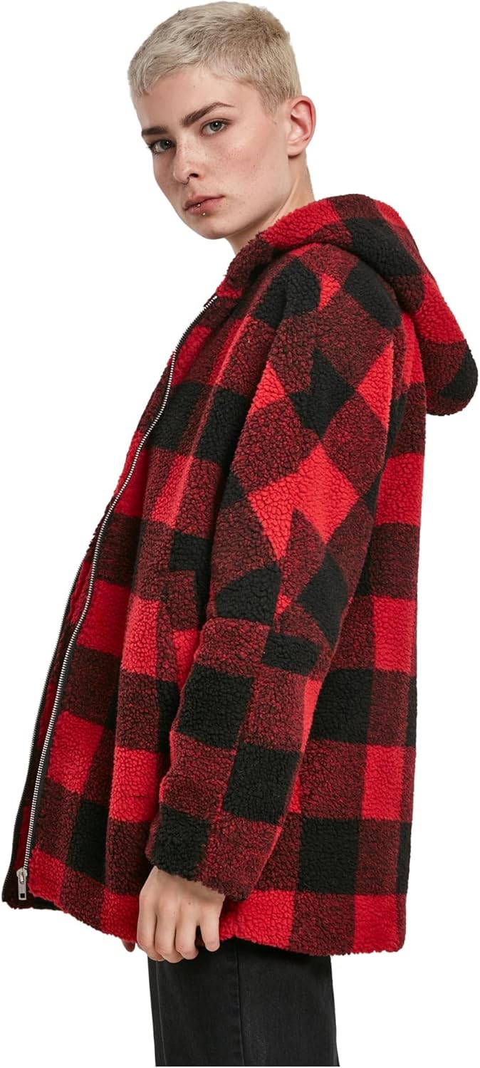 Urban Classics Damen Winter Jacke Ladies Oversized Check Sherpa Jacket mit Kapuze, Holzfäller Karo M
