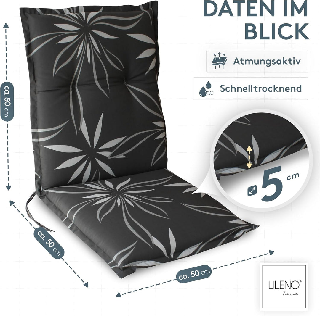 LILENO HOME Gartenstuhl Auflagen als [2er Set - Niedriglehner] in Blume Anthrazit-Weiss - bequeme Li
