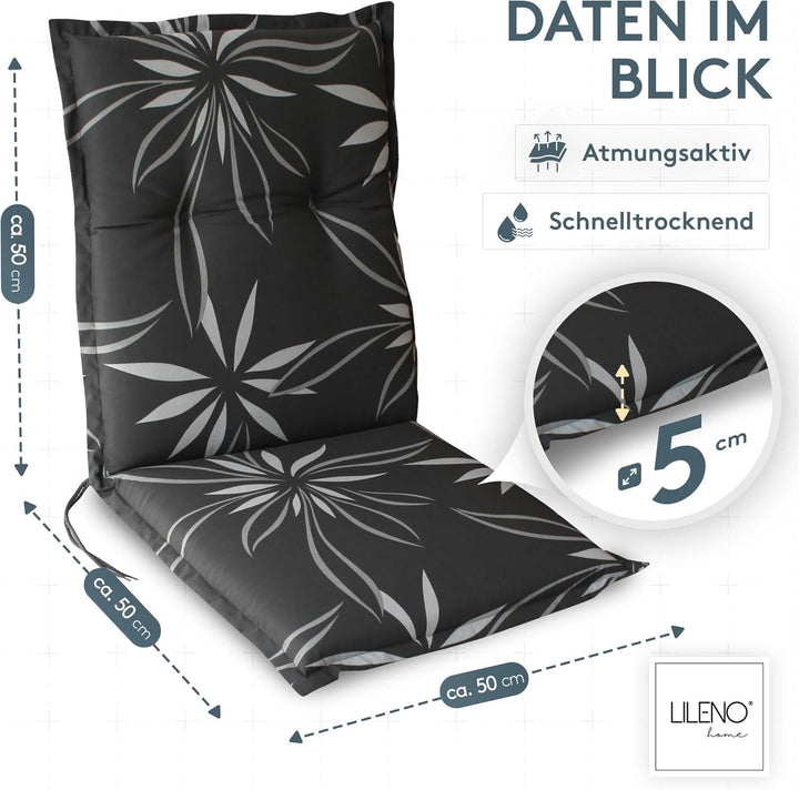 LILENO HOME Gartenstuhl Auflagen als [2er Set - Niedriglehner] in Blume Anthrazit-Weiss - bequeme Li
