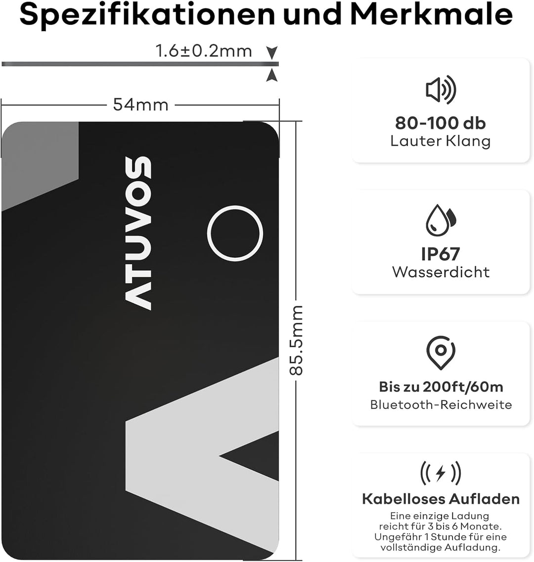 ATUVOS Air Tag Card Wallet Tracker Karte Thin 1.6mm, Wiederaufladbarer Geldbörsenfinder Kompatibel m