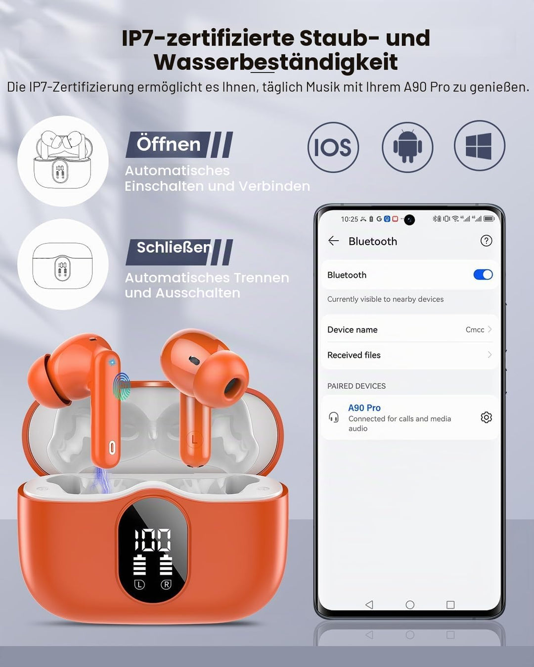 Btootos Bluetooth Kopfhörer, Kopfhörer Kabellos Bluetooth 5.4 Sport In Ear Kopfhörer mit 4 Mikrofon,