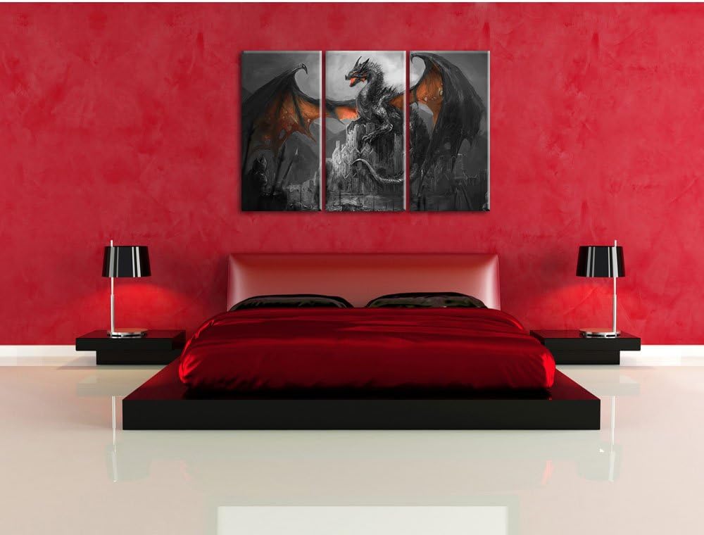 Pixxprint Drache schützend über Burg als Leinwandbild/Grösse: 3 Teilig (120x80 cm) cm/Wandbild/Kunst