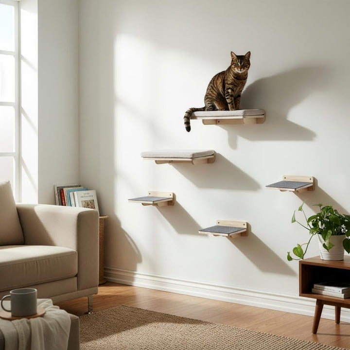 WOOWOOD® 2X Kletterwand Katzen - 2X Katzentreppe Wand [Vollholz] - Kratzbaum Wand - Hängematte Katze