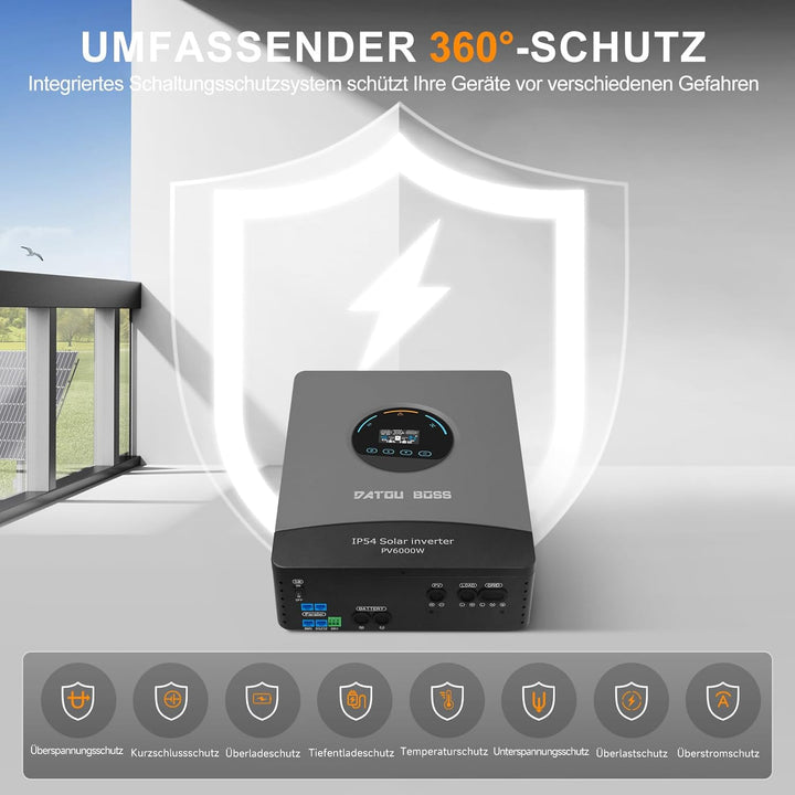 DATOUBOSS 6000W Hybrid Solar Wechselrichter 48V, Reiner Sinus, PV-Array bis 8000W, integrierter 120A