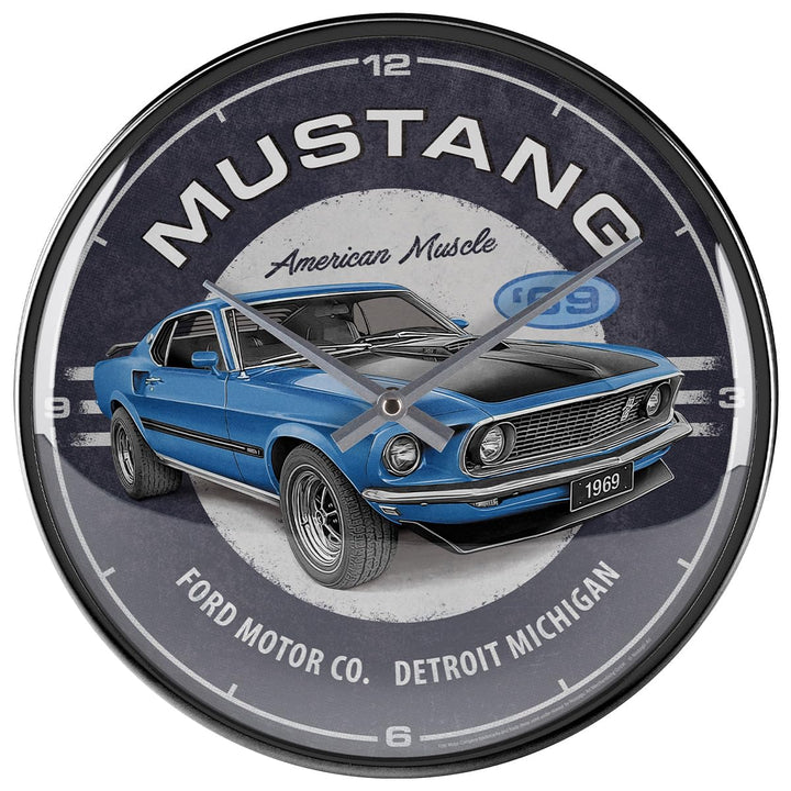 Nostalgic-Art Retro Wanduhr, Ø 31 cm, Ford Mustang – 1969 Mach 1 Blue – Geschenk-Idee für Ford-Zubeh