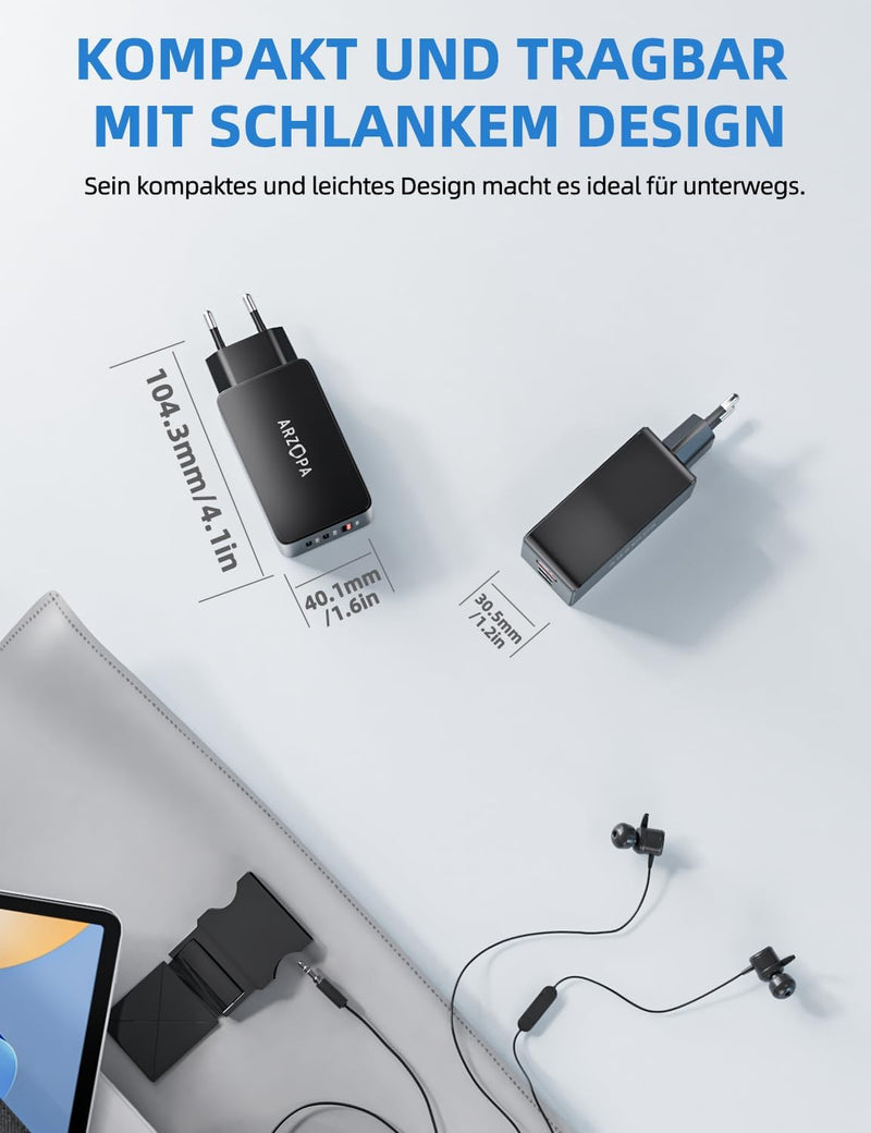 ARZOPA USB C Ladegerät 65W USB-C Netzteil GaN Charger 3-Port Schnellladegerät PPS Mehrfach Ladegerät