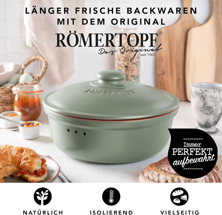 Romertopf Brottopf Rund Ø 30cm - Brotkasten Grün aus Keramik - Atmungsaktiver Tontopf für langanhalt