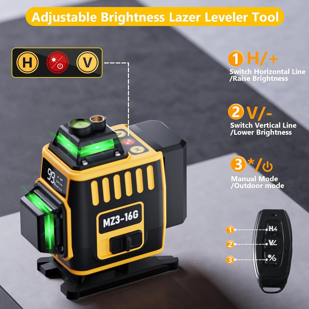 Kreuzlinienlaser Grün 16 Linien,4 x 360 °Laser Wasserwaage Selbstnivellierend,Nivellierlaser mit LED