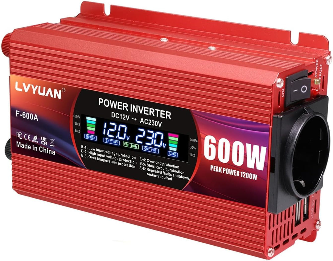 LVYUAN 600W/1200W Wechselrichter DC 12V auf AC 230V Spannungswandler 1 EU Steckdose & 2 USB Port Str